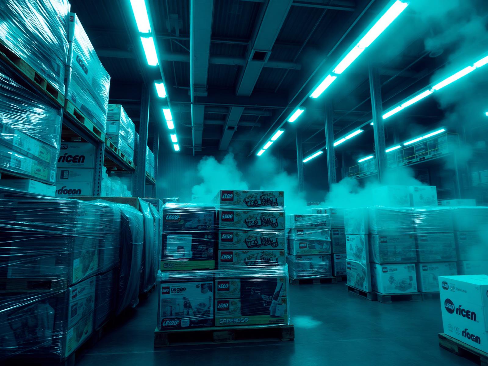 Pallets of LEGO and electronics staged in the GRP Liquidations warehouse